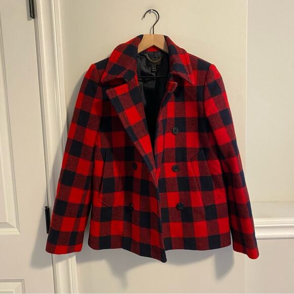 J. Crew Red Navy Blue Buffalo Plaid Wool Coat Jacket Small - Picture 13 of 13